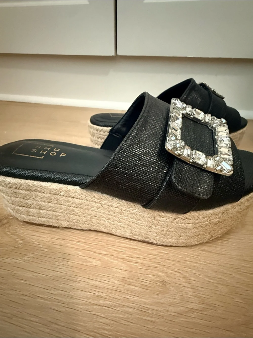 ShuShop Black Jeweled Buckle Wedge Slides